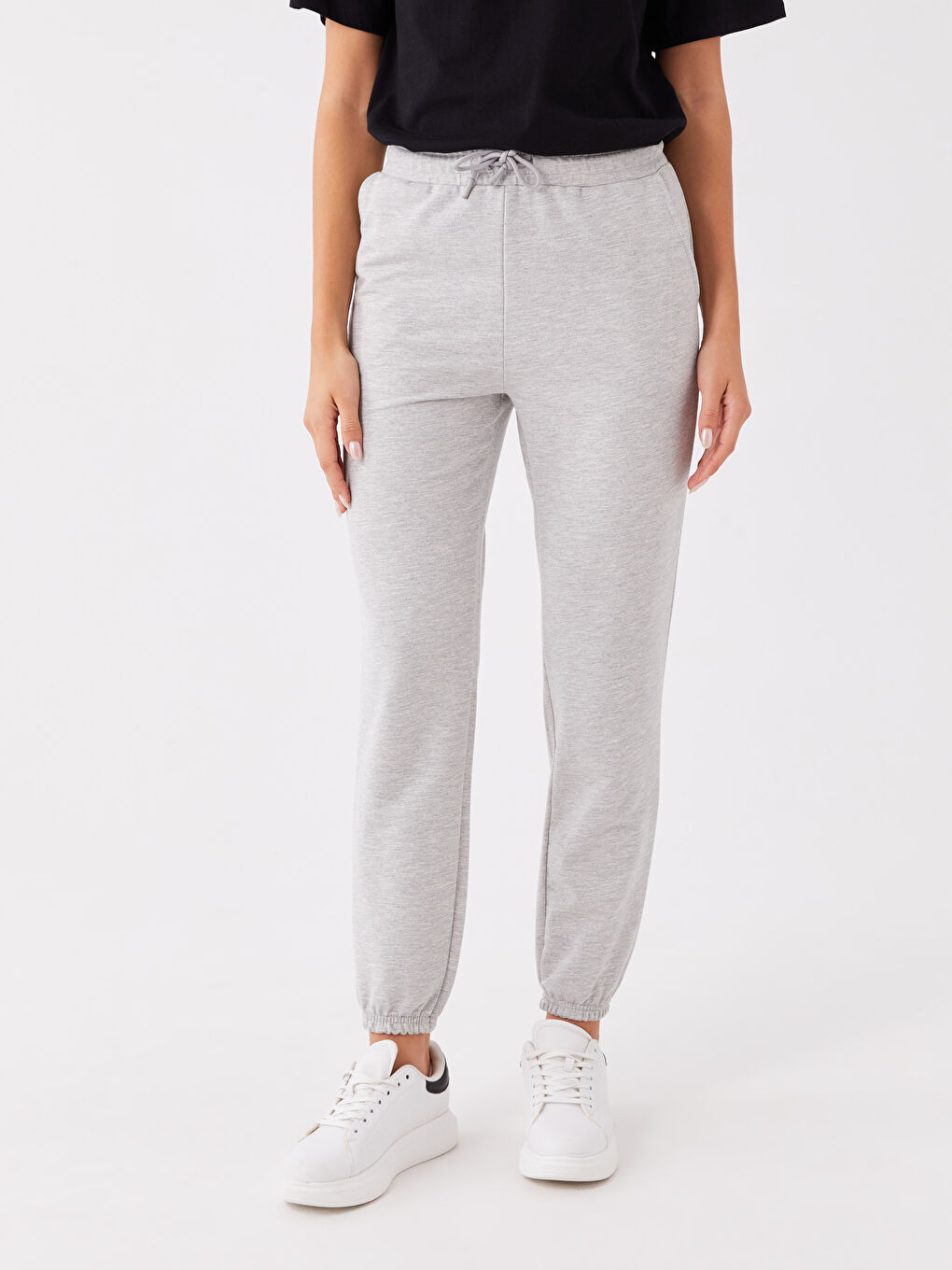 Gri Kadın Beli Lastikli Düz Jogger Eşofman Altı-3