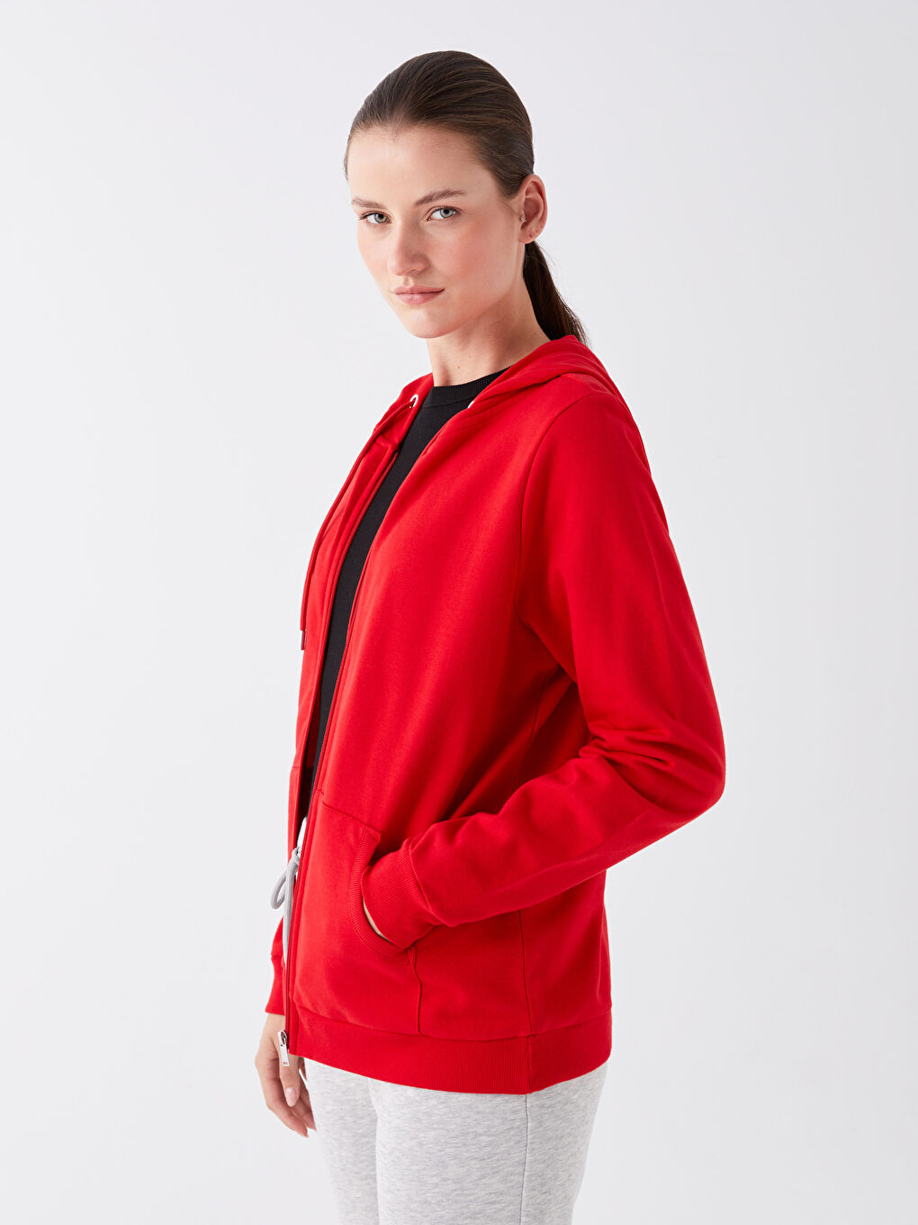 سويت شيرت بسحاب سادة كم طويل بكابوش للسيدات-1