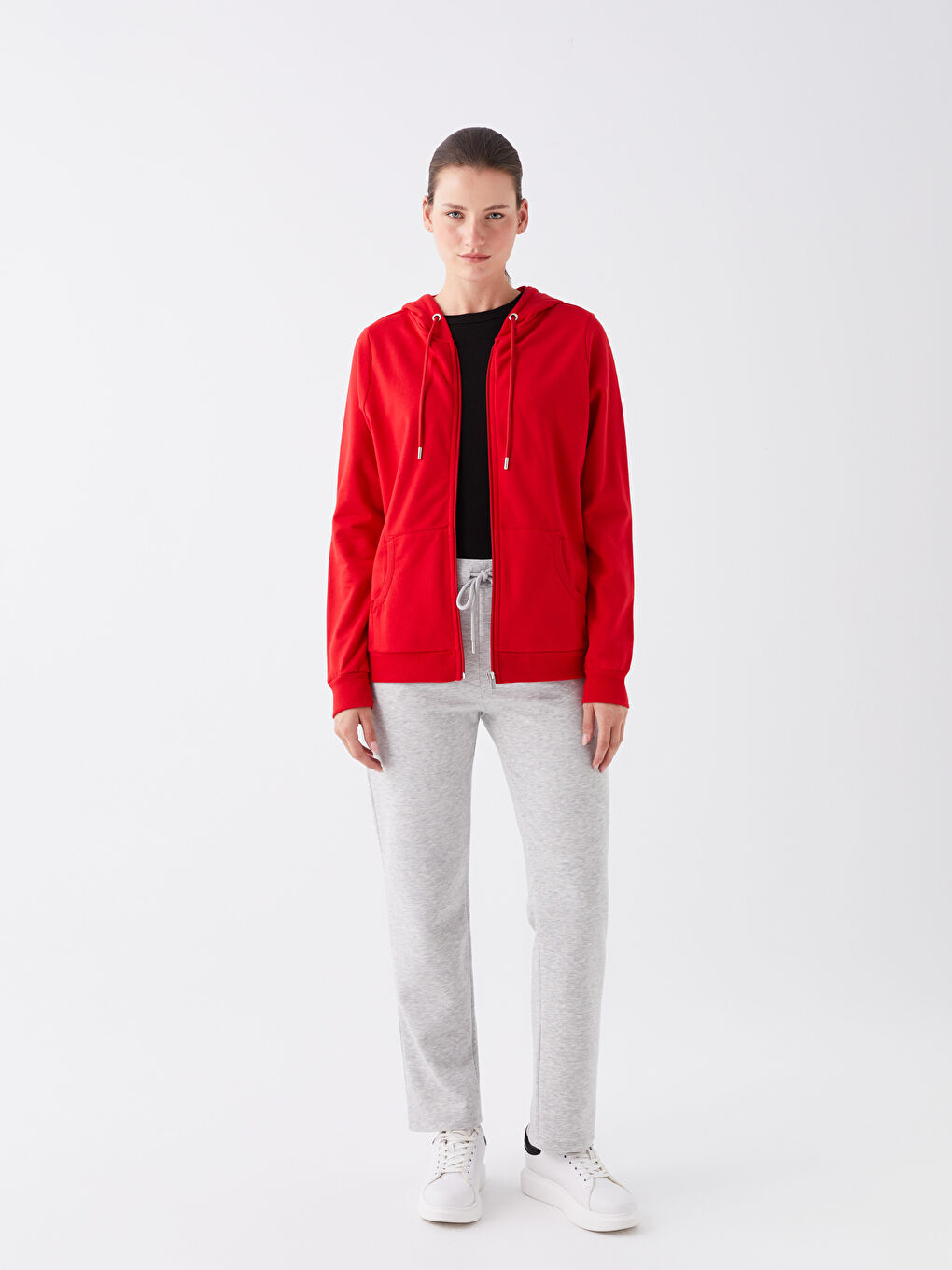 سويت شيرت بسحاب سادة كم طويل بكابوش للسيدات-2