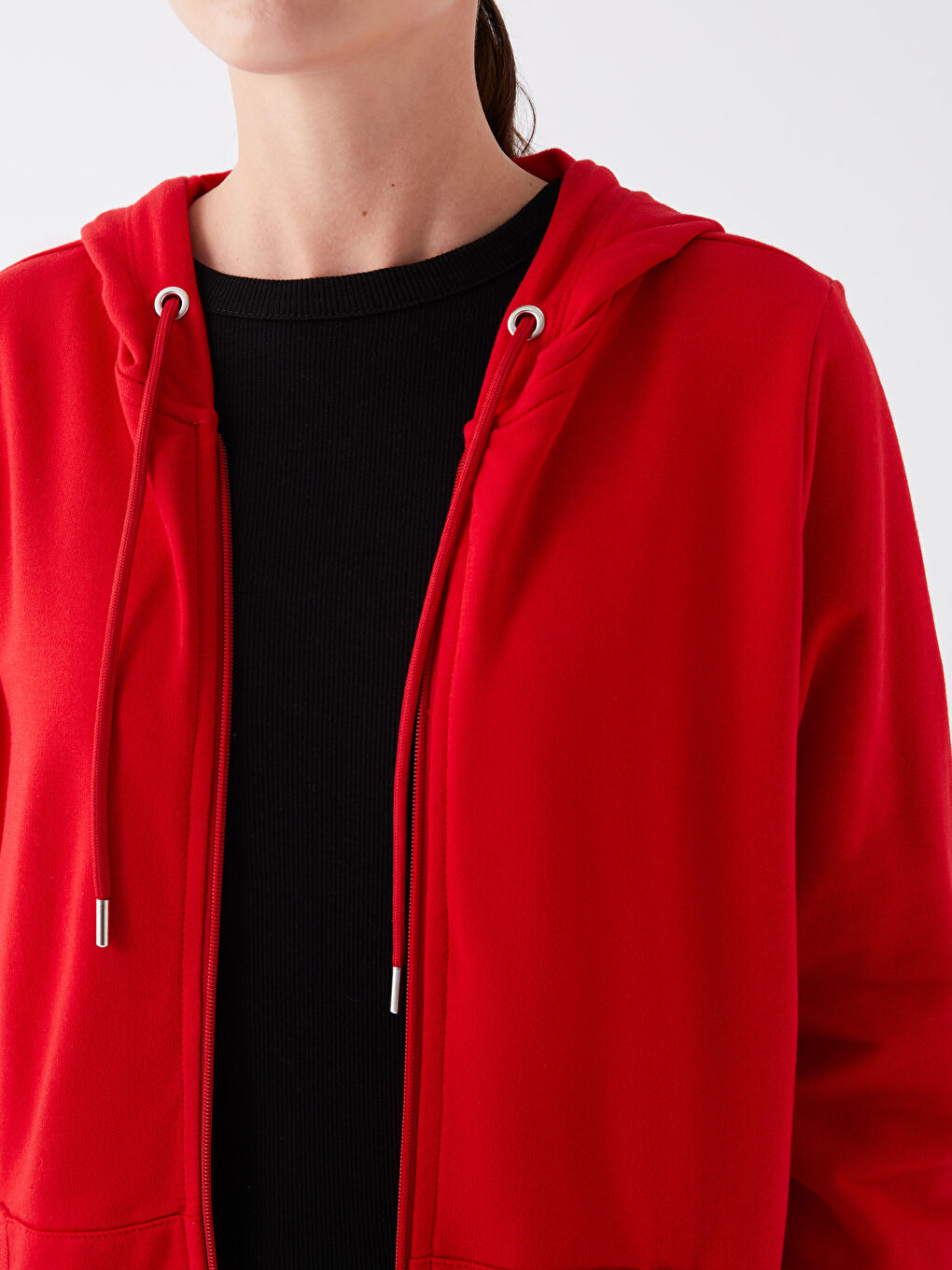 سويت شيرت بسحاب سادة كم طويل بكابوش للسيدات-3