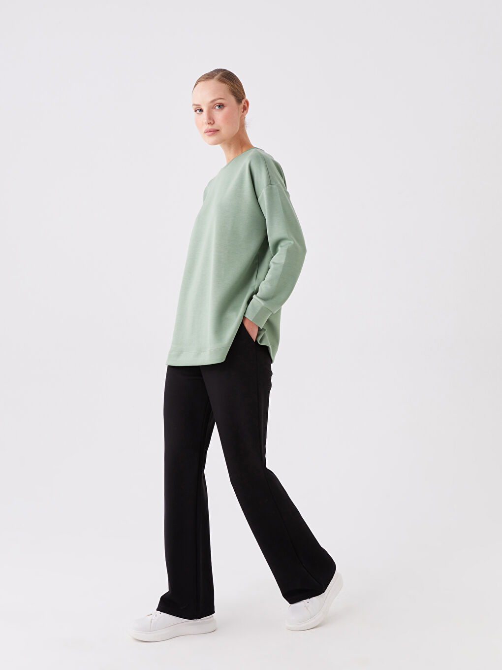 Siyah Kadın Beli Lastikli Düz Pantolon