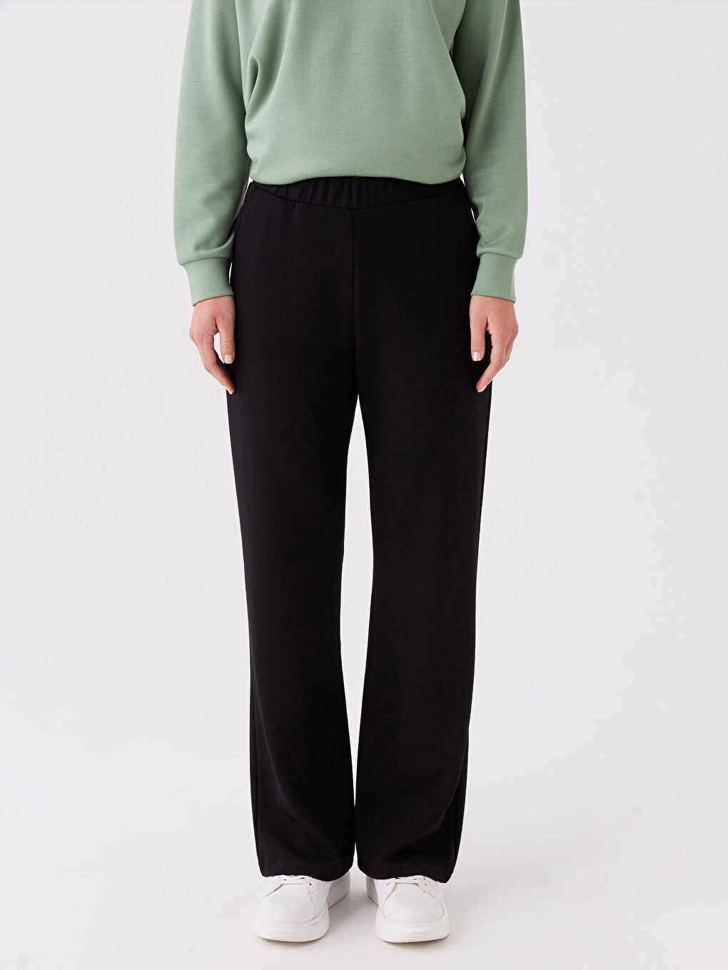 Siyah Kadın Beli Lastikli Düz Pantolon-3