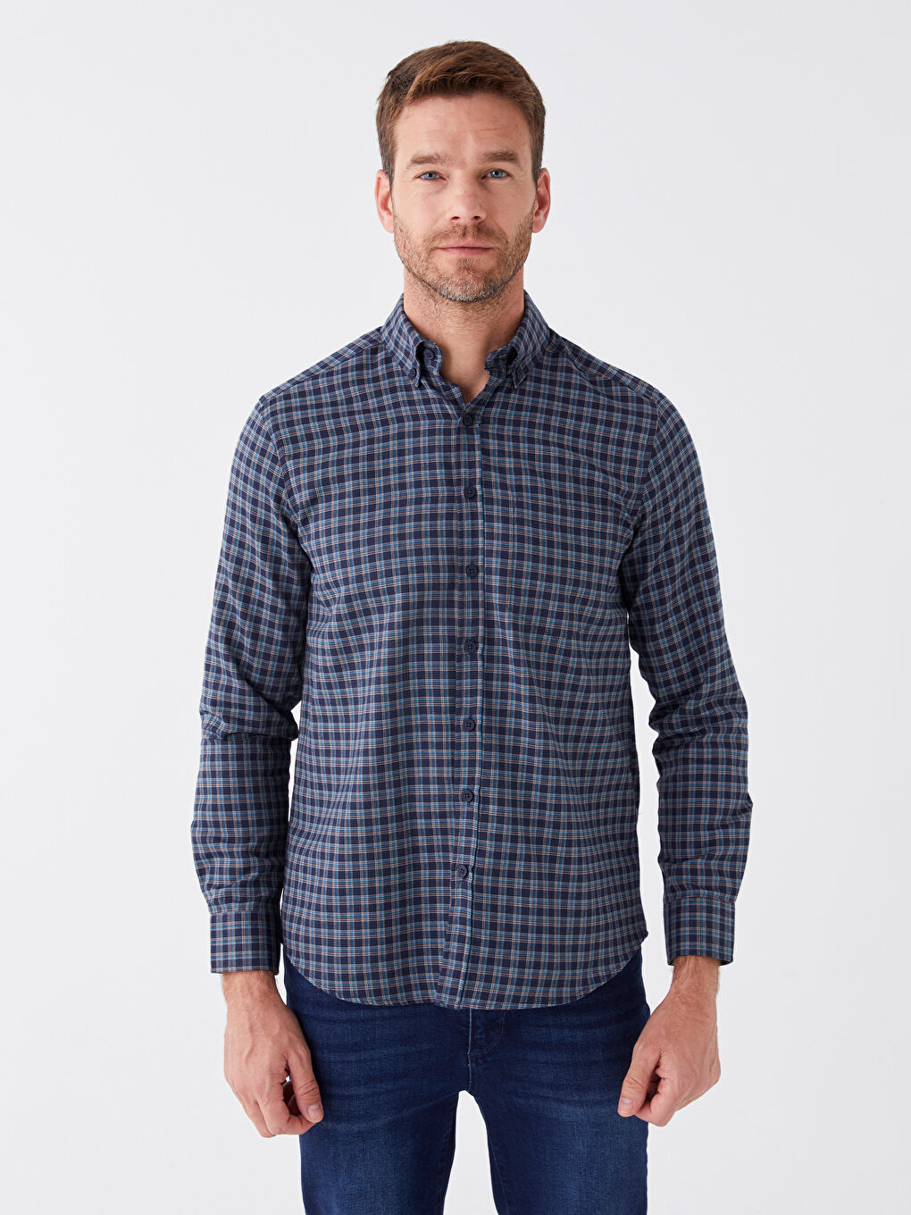 Petrol Regular Fit Uzun Kollu Ekose Erkek Gömlek