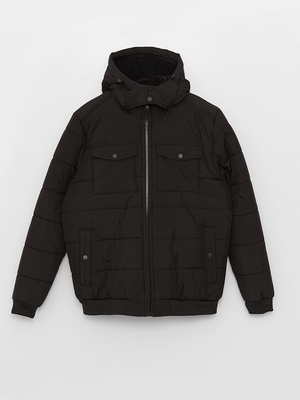 Siyah Standart Kalıp Kapüşonlu Erkek Şişme Mont-6