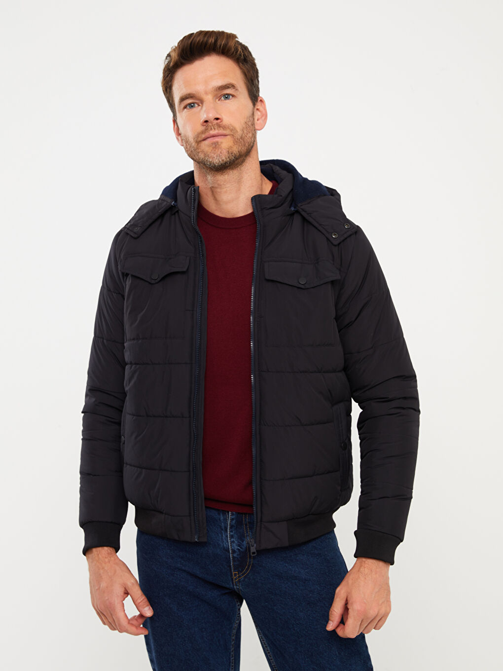 Lacivert Standart Kalıp Kapüşonlu Erkek Şişme Mont