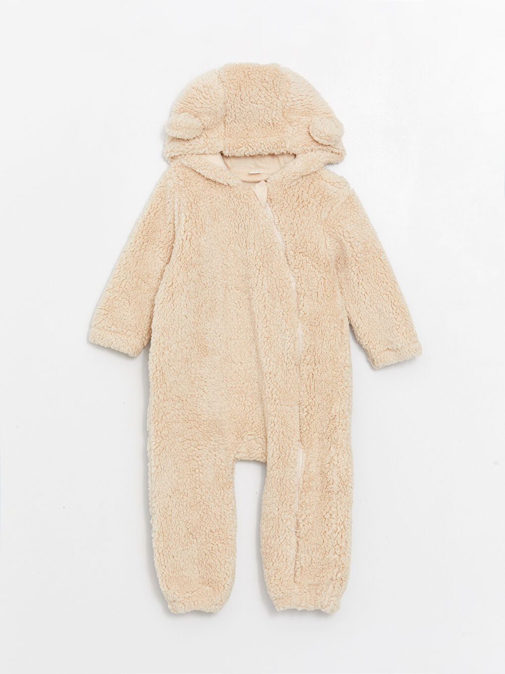 Ekru Kapüşonlu Uzun Kollu Pelüş Kız Bebek Tulum