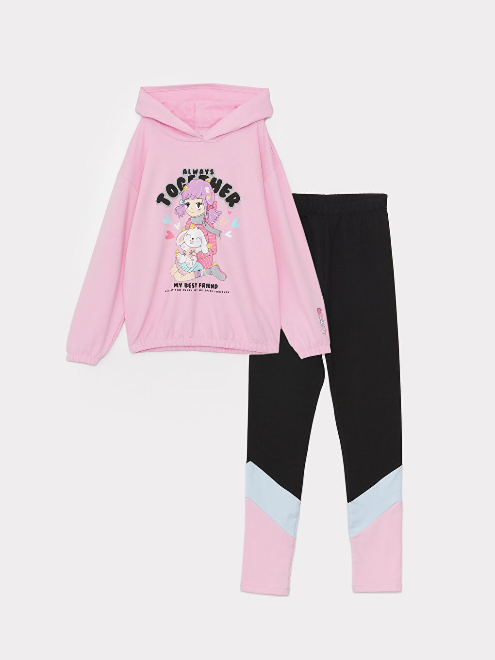 LCW Kids Pembe Kapüşonlu Baskılı Uzun Kollu Kız Çocuk Sweatshirt ve Tayt