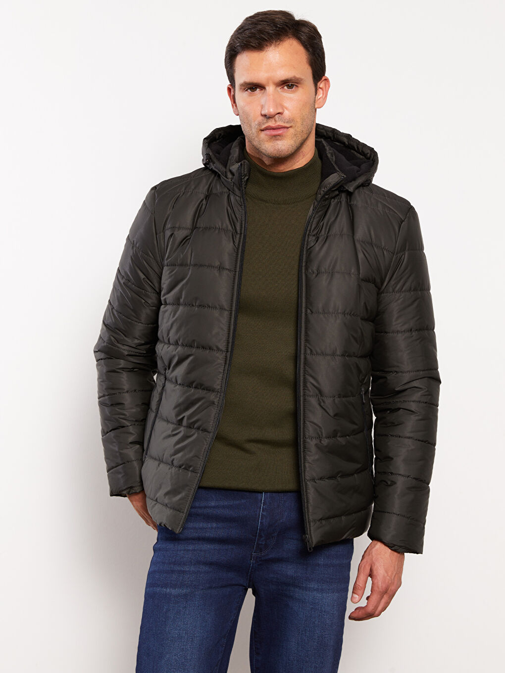 Haki Standart Kalıp Kapüşonlu Erkek Şişme Mont-1