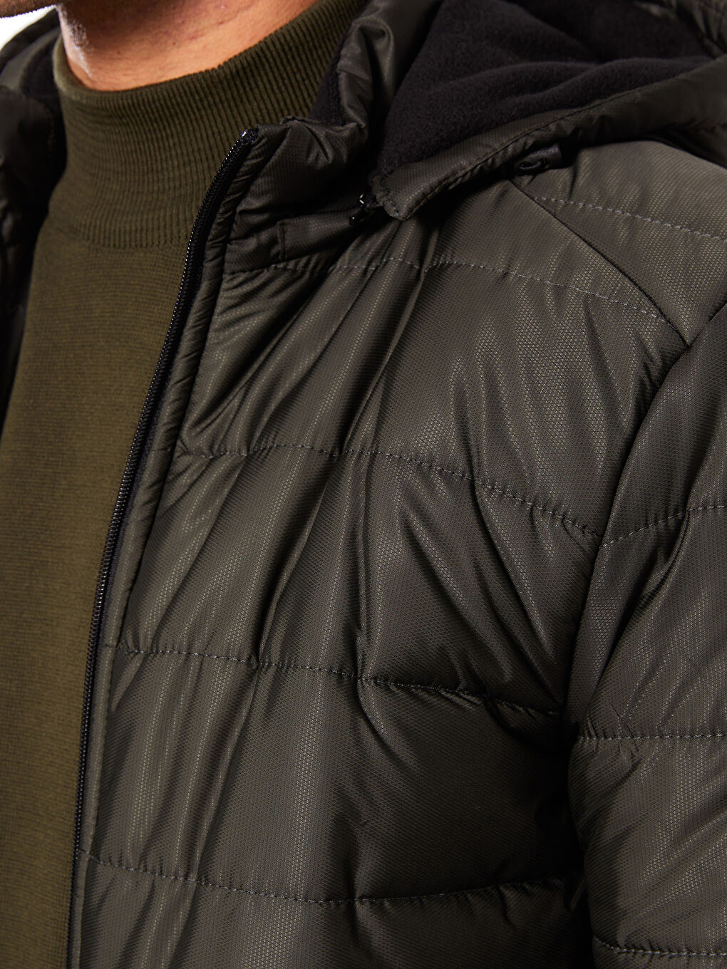 Haki Standart Kalıp Kapüşonlu Erkek Şişme Mont-3