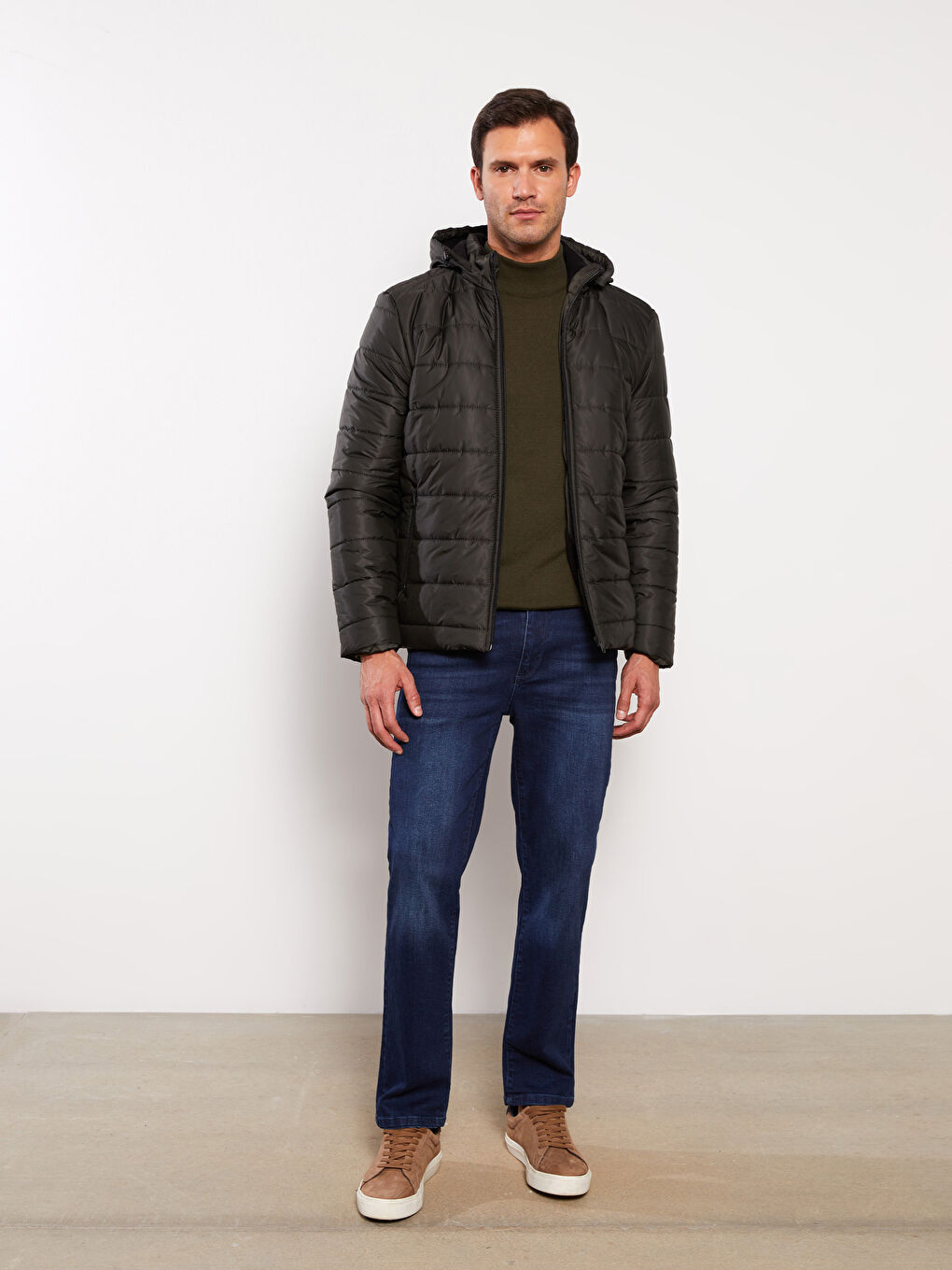 Haki Standart Kalıp Kapüşonlu Erkek Şişme Mont-4