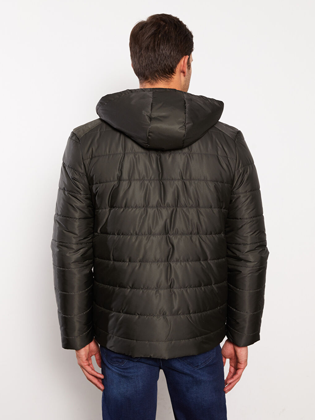 Haki Standart Kalıp Kapüşonlu Erkek Şişme Mont-5