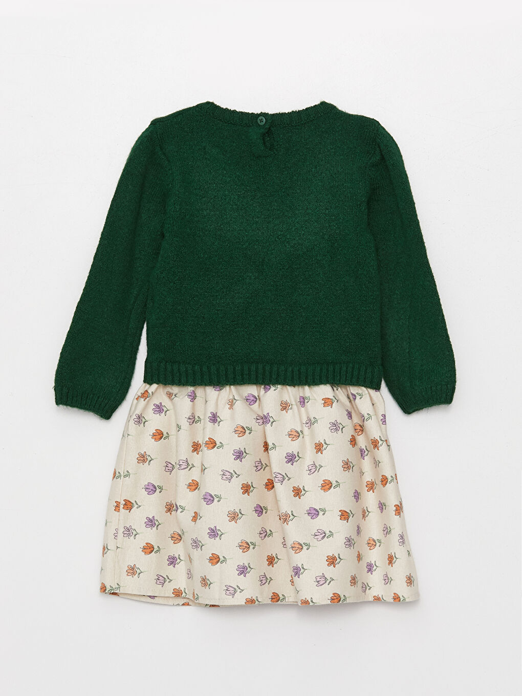 Yeşil Bisiklet Yaka Uzun Kollu Kız Bebek Elbise-1