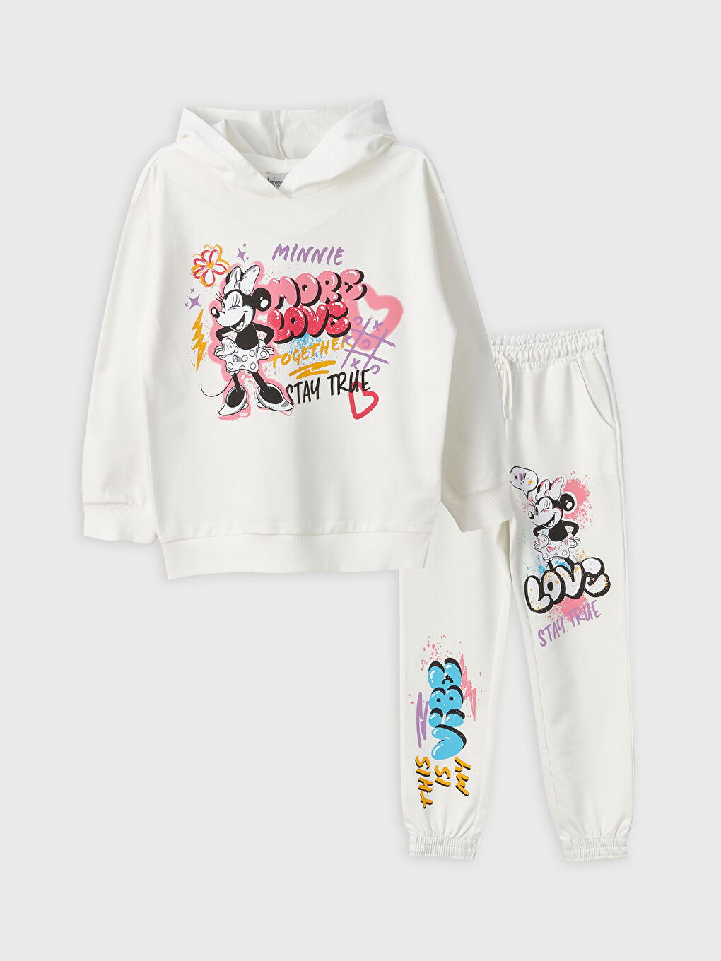 қыздарға арналған минни маус принтті ұзын жең капюшонды свитшот пен спорт шалбар жинақ