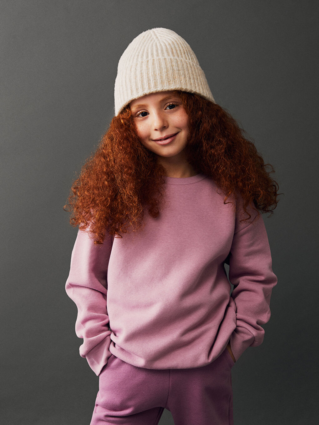 LCW Kids Mat Lila Bisiklet Yaka Basic Uzun Kollu Kız Çocuk Sweatshirt