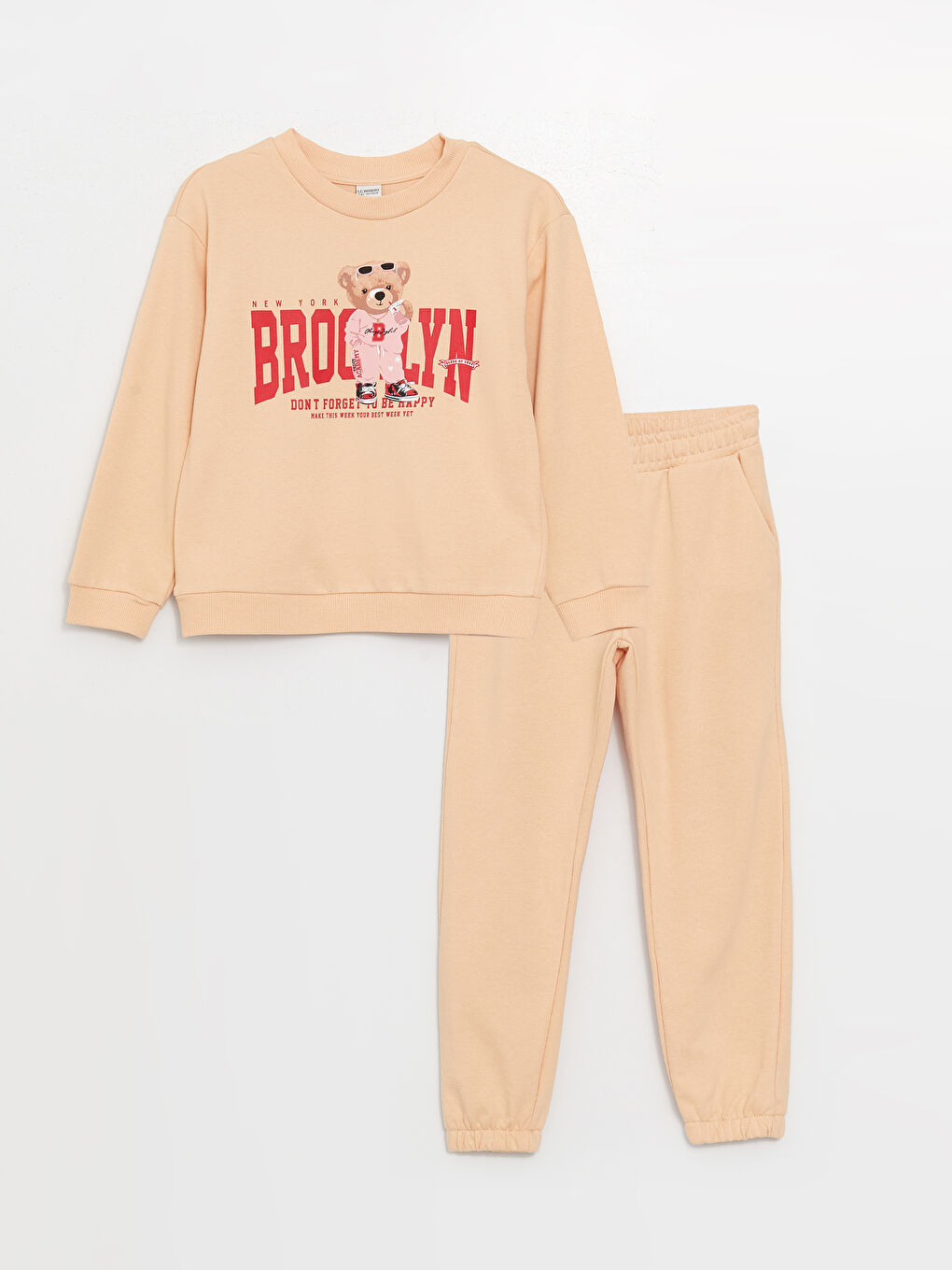 Pembe Bisiklet Yaka Baskılı Uzun Kollu Kız Çocuk Sweatshirt ve Eşofman Altı