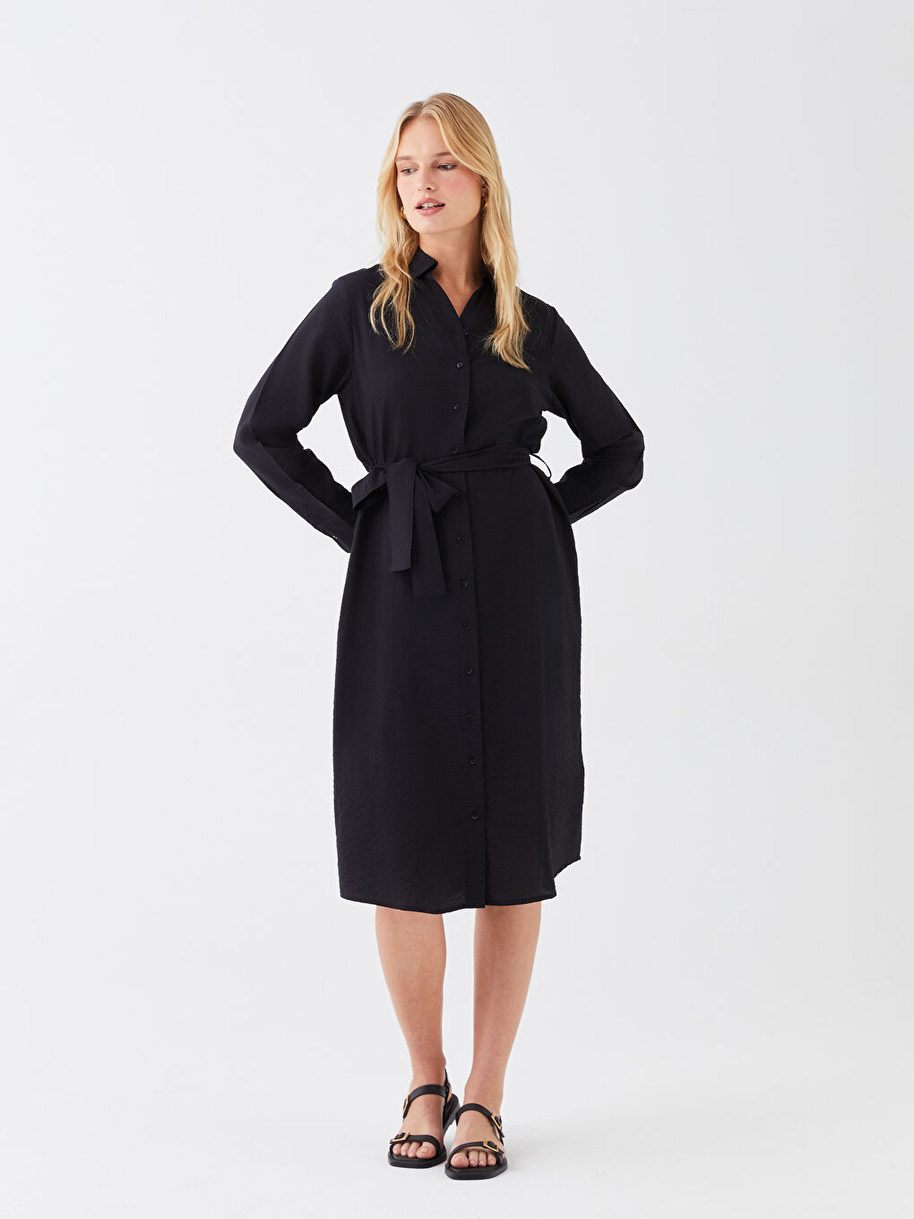 LCWAIKIKI Classic Collared Neck Plain Long Sleeve Women's Dress -W35687Z8-CVL