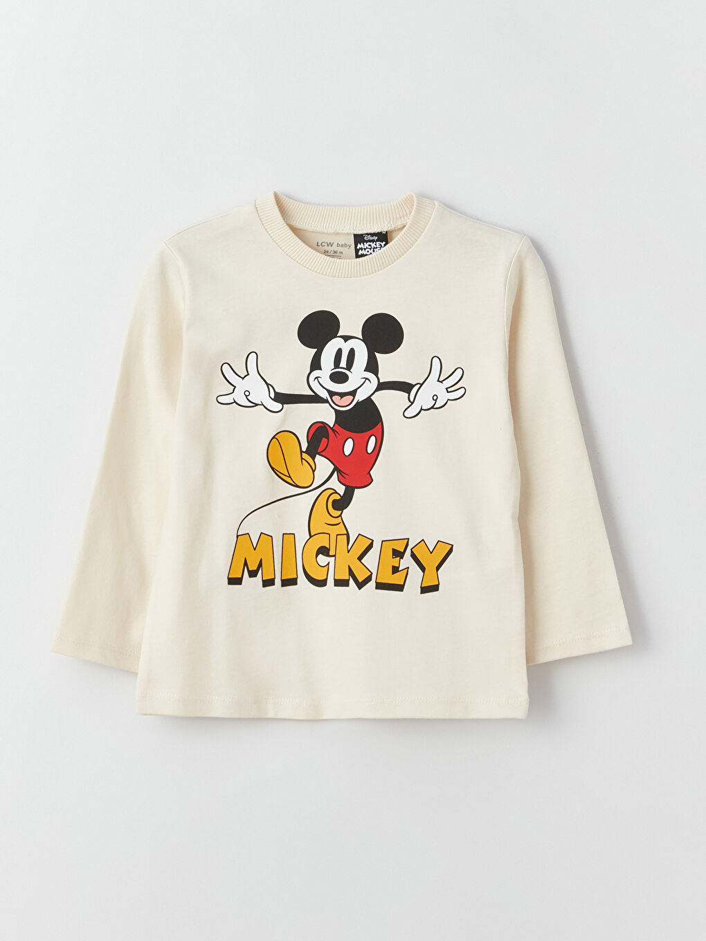 LCW baby Açık Bej Bisiklet Yaka Uzun Kollu Mickey Mouse Baskılı Erkek Bebek Tişört