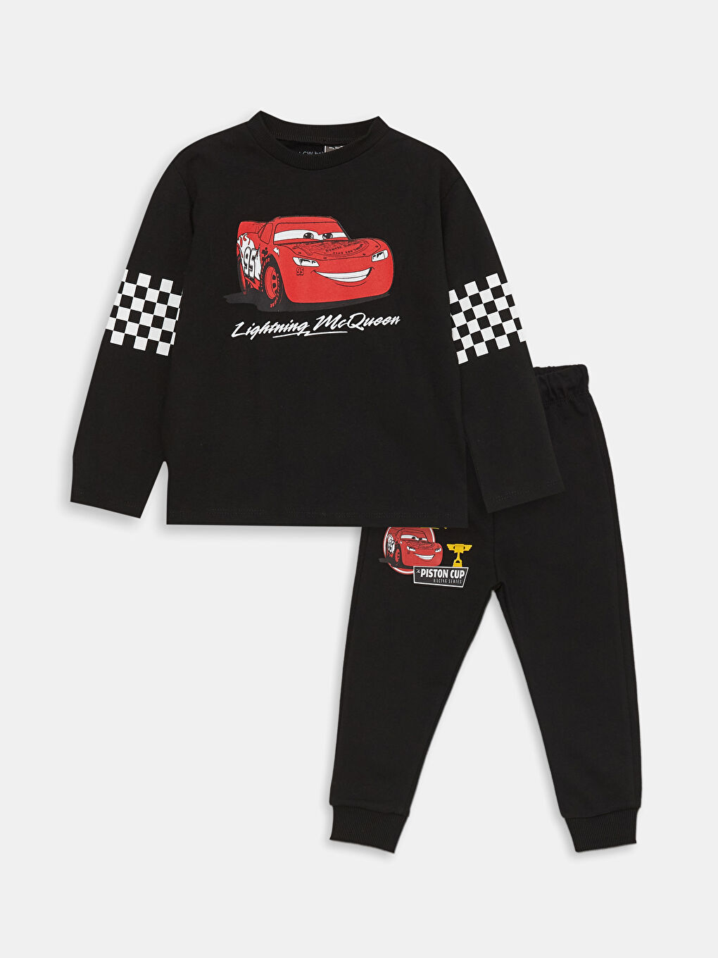 LCW baby Yeni Siyah Bisiklet Yaka Uzun Kollu Cars Baskılı Erkek Bebek Sweatshirt ve Eşofman Alt 2'li Takım