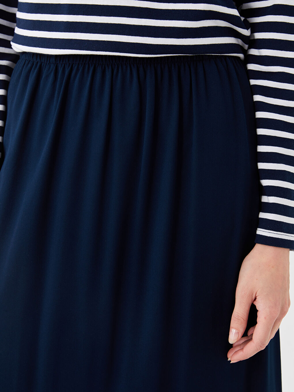 Lacivert Kadın Beli Lastikli Düz Etek-1