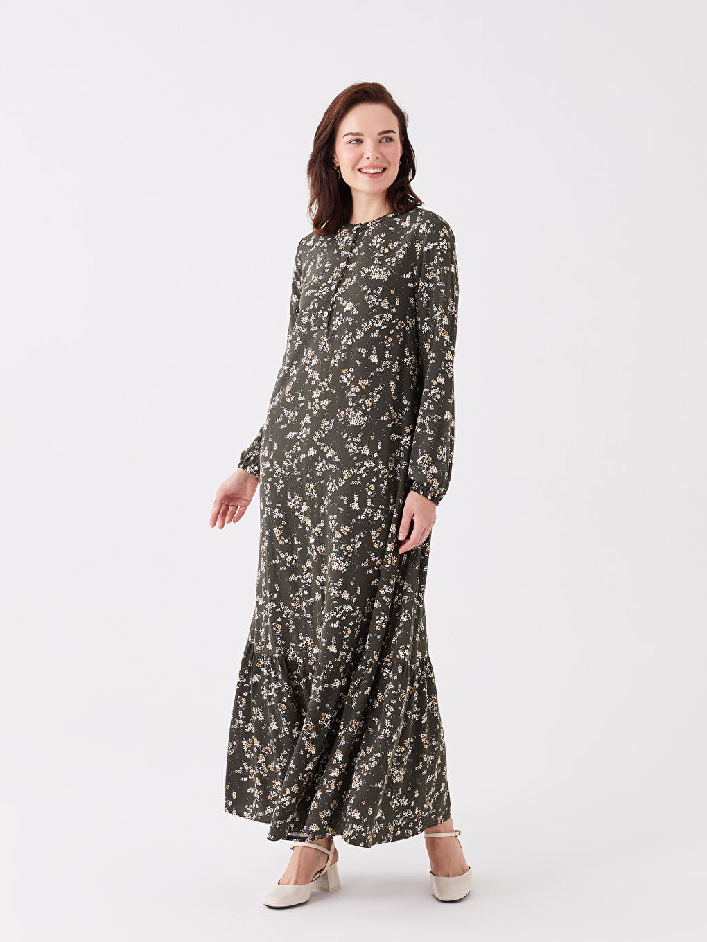 Petrol Bisiklet Yaka Desenli Uzun Kollu Kadın Elbise