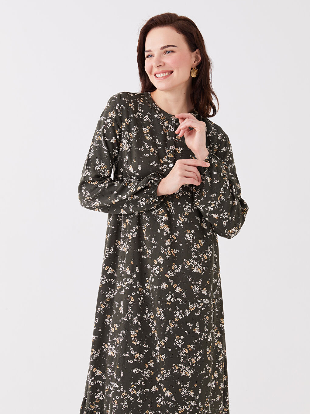 Petrol Bisiklet Yaka Desenli Uzun Kollu Kadın Elbise-2