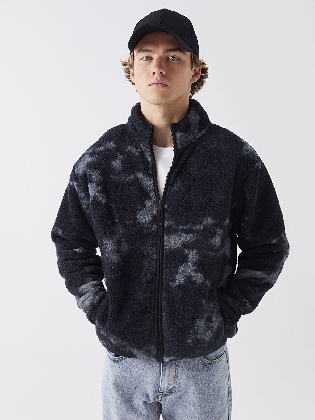 Antrasit Dik Yaka Uzun Kollu Pelüş Erkek Fermuarlı Sweatshirt