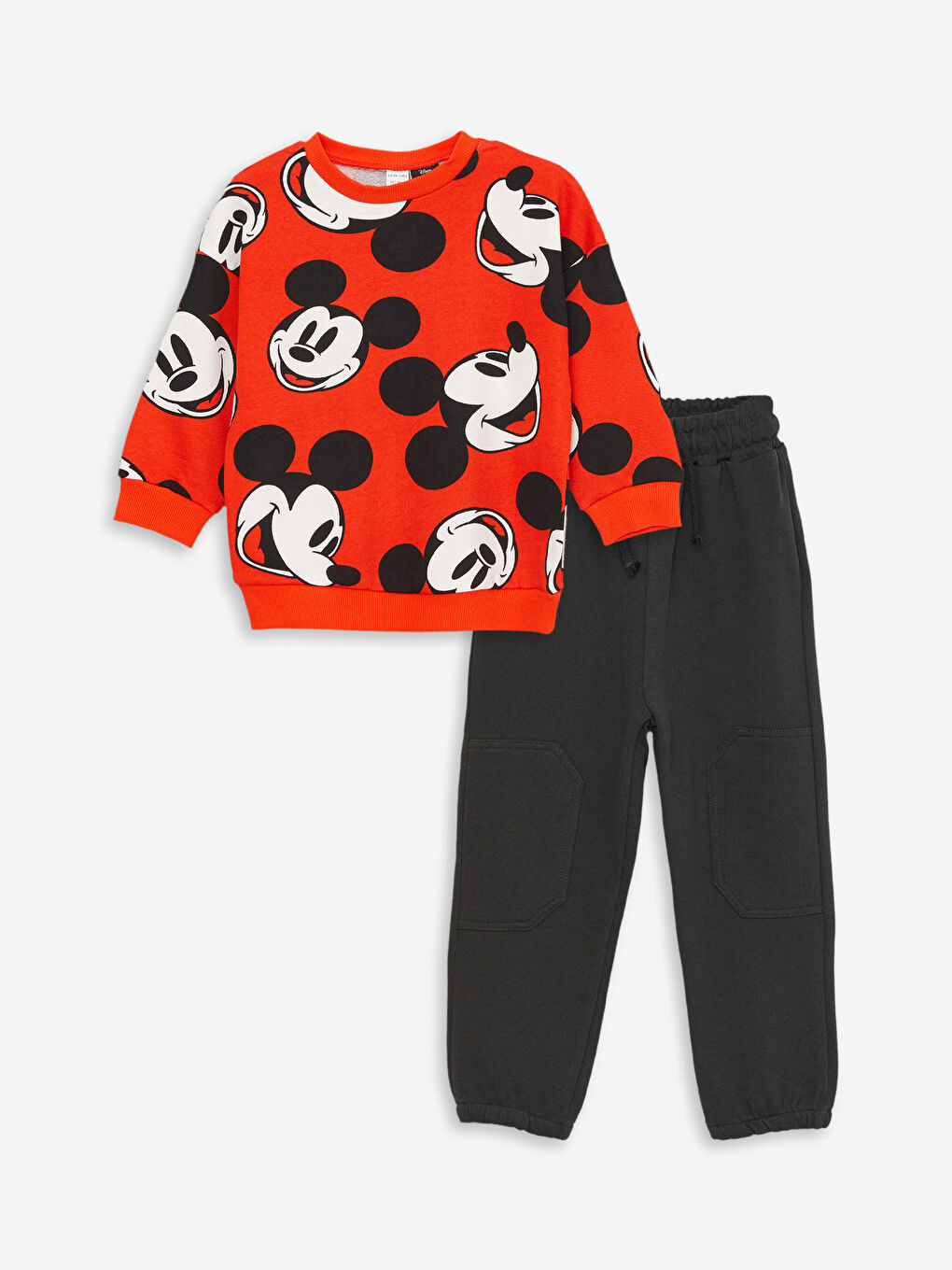 LCW baby Açık Turuncu Baskılı Bisiklet Yaka Mickey Mouse Baskılı Erkek Bebek Sweatshirt ve Eşofman Alt