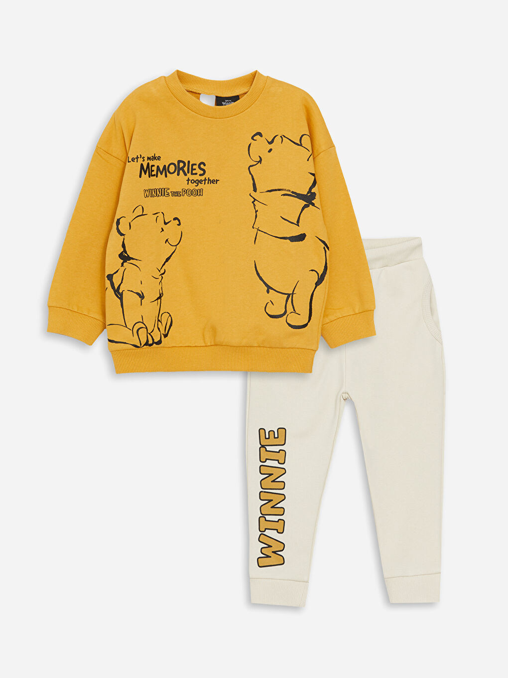 LCW baby Sarı Bisiklet Yaka Uzun Kollu Winnie the Pooh Baskılı Erkek Bebek Sweatshirt ve Pantolon 2'li Takım