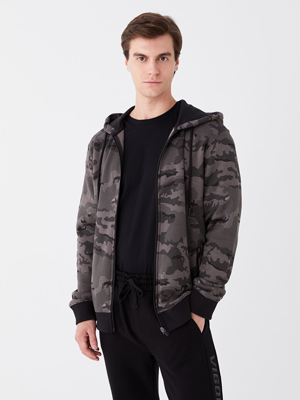 Antrasit Kapüşonlu Uzun Kollu Erkek Kalın Fermuarlı Sweatshirt-1