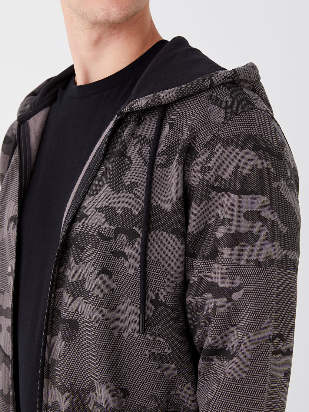 Antrasit Kapüşonlu Uzun Kollu Erkek Kalın Fermuarlı Sweatshirt-3