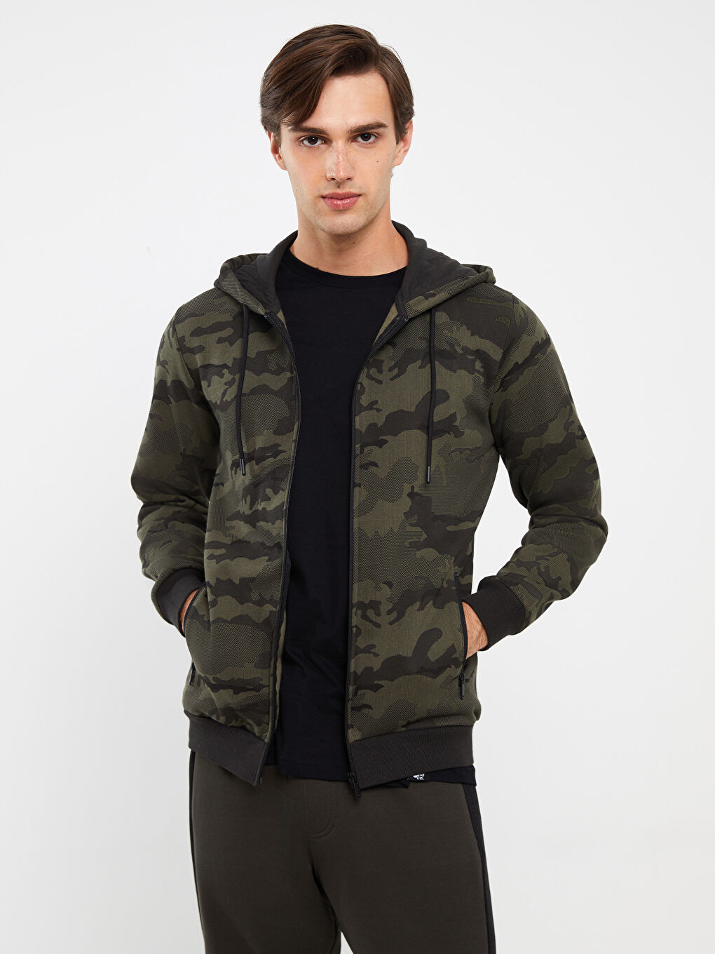 Haki Kapüşonlu Uzun Kollu Erkek Kalın Fermuarlı Sweatshirt