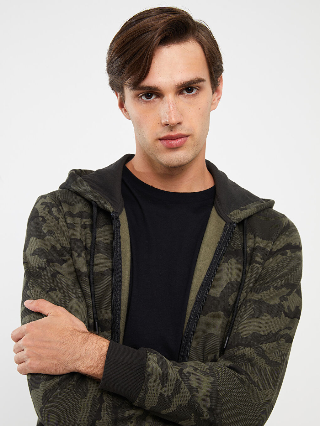 Haki Kapüşonlu Uzun Kollu Erkek Kalın Fermuarlı Sweatshirt-1