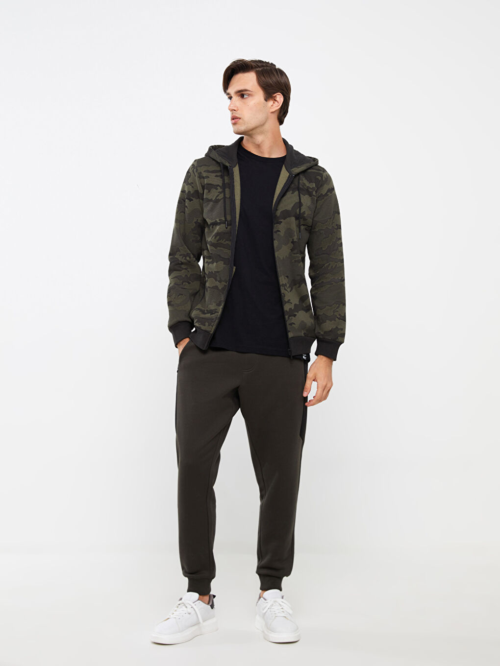 Haki Kapüşonlu Uzun Kollu Erkek Kalın Fermuarlı Sweatshirt-2