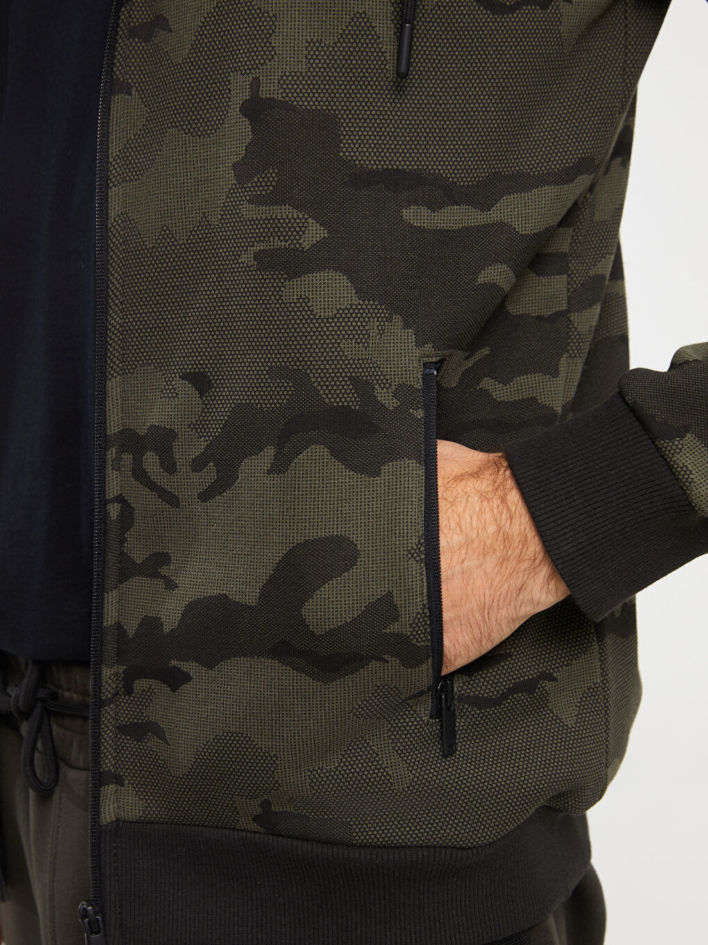 Haki Kapüşonlu Uzun Kollu Erkek Kalın Fermuarlı Sweatshirt-3