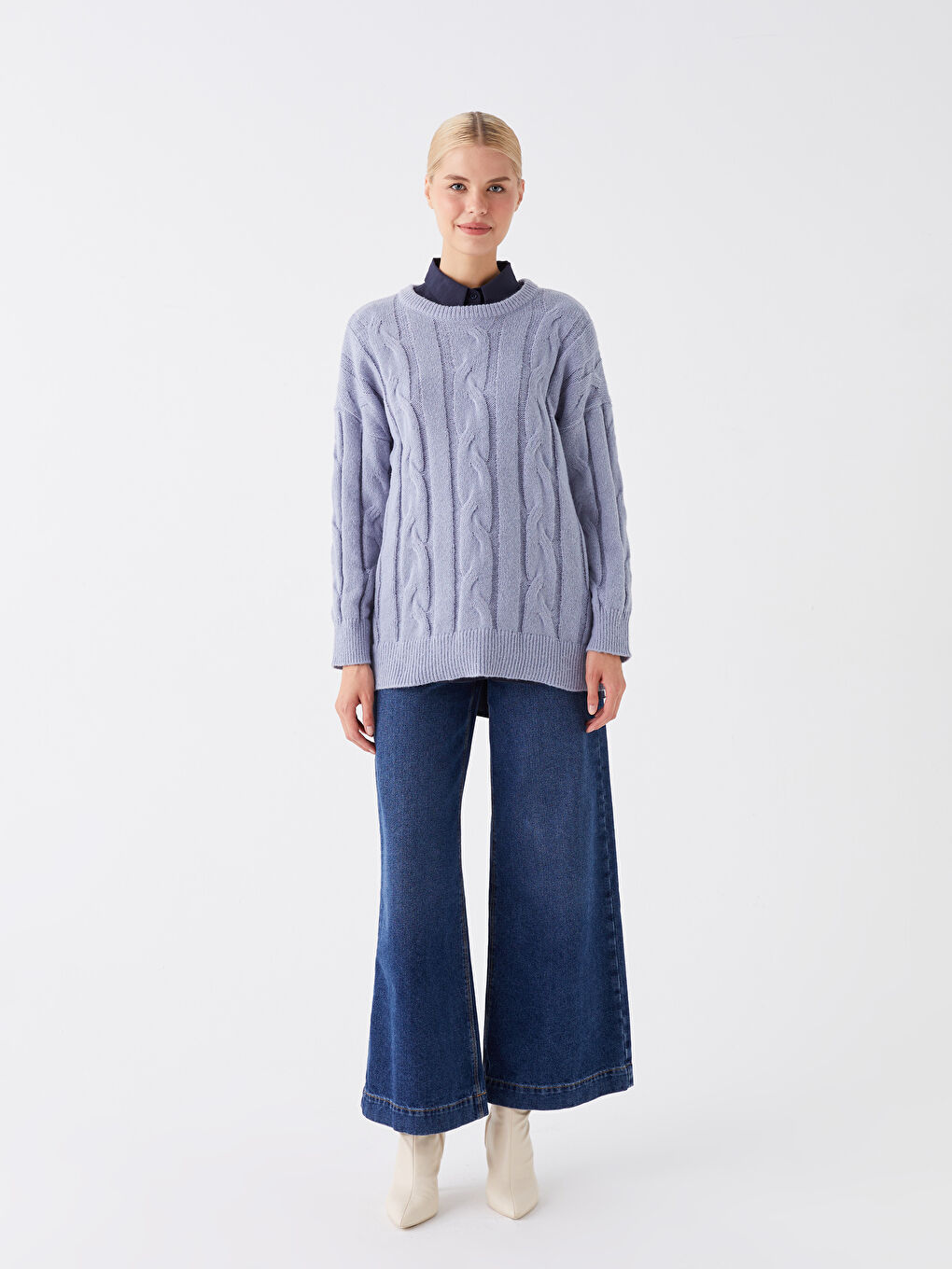Crew Neck Patterned Long Sleeve Oversize Women's Knitwear Tunic-2