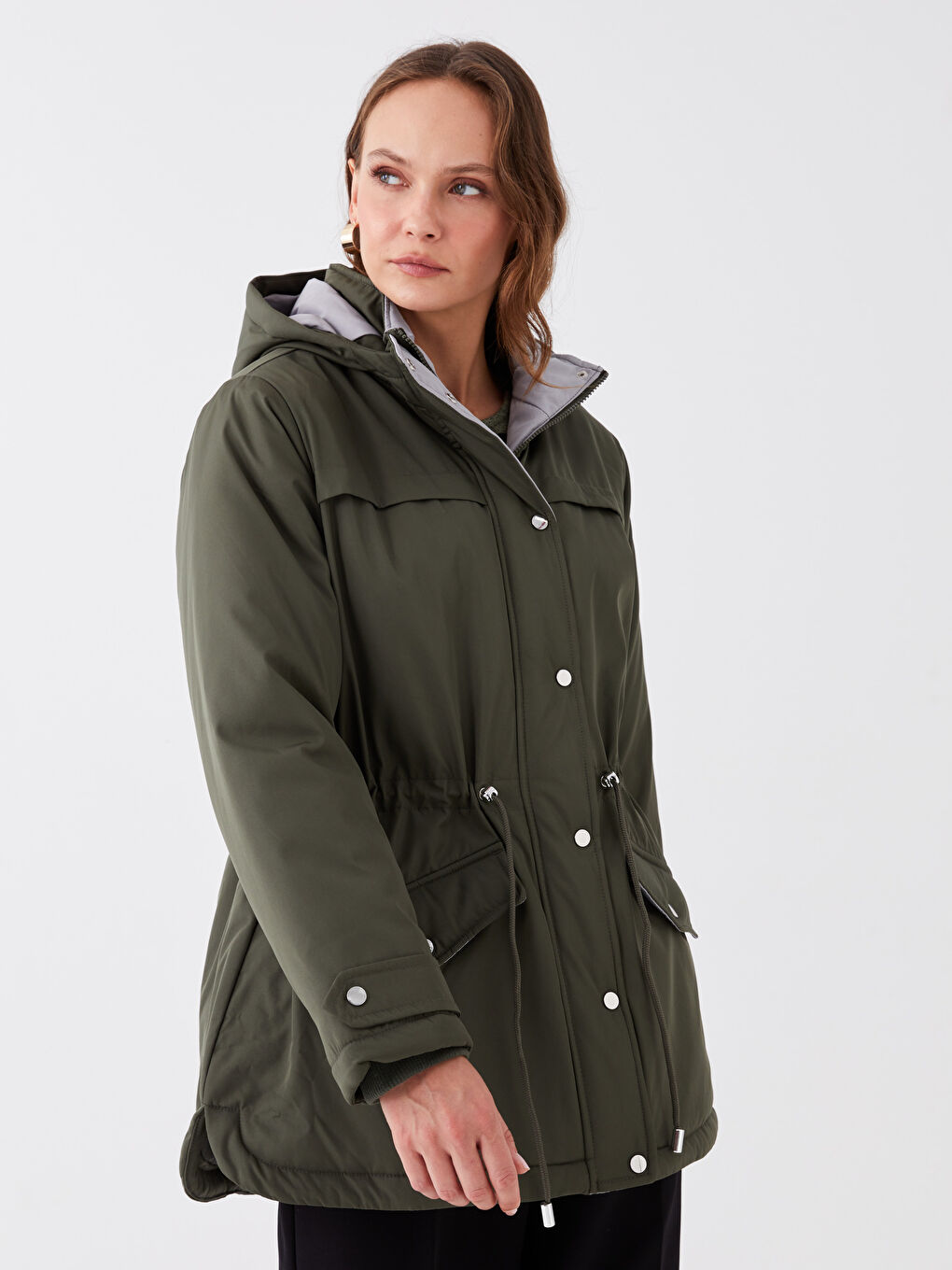 Women's Parka with Fur Detail Hooded Straight Long Sleeve