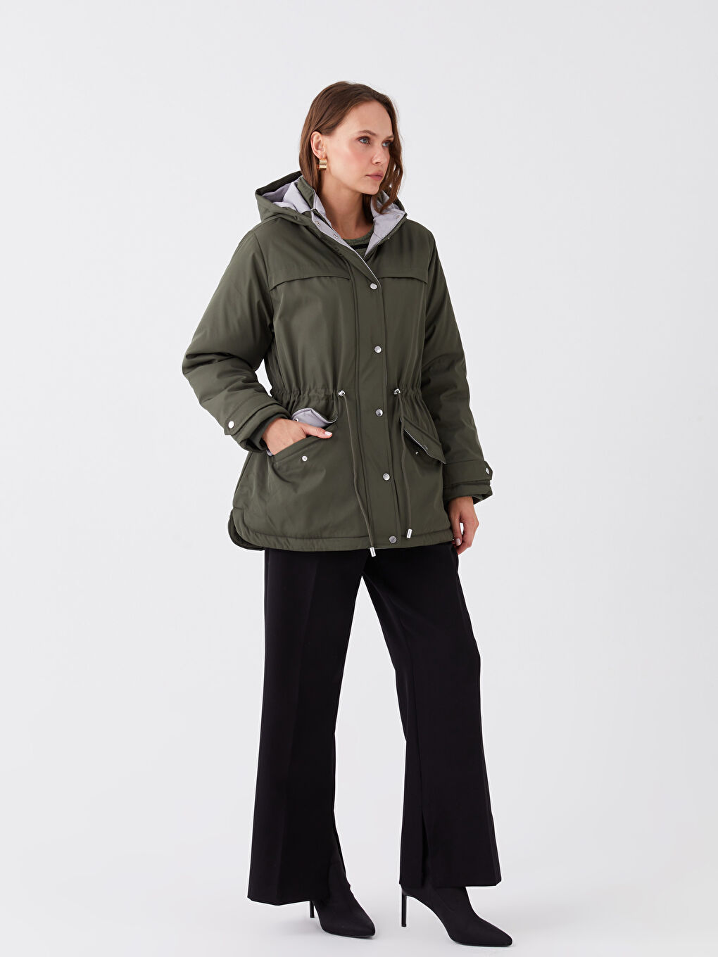 Women's Parka with Fur Detail Hooded Straight Long Sleeve-3
