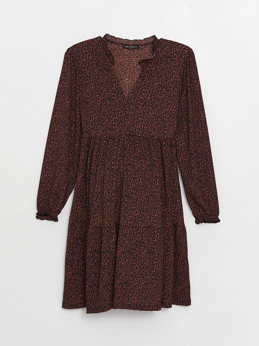 Kahverengi V Yaka Desenli Uzun Kollu Hamile Elbise