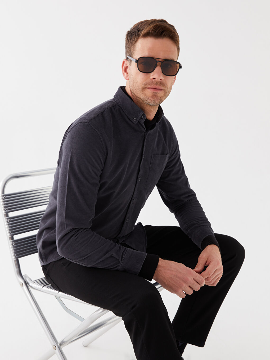 Antrasit Regular Fit Uzun Kollu Kadife Erkek Gömlek
