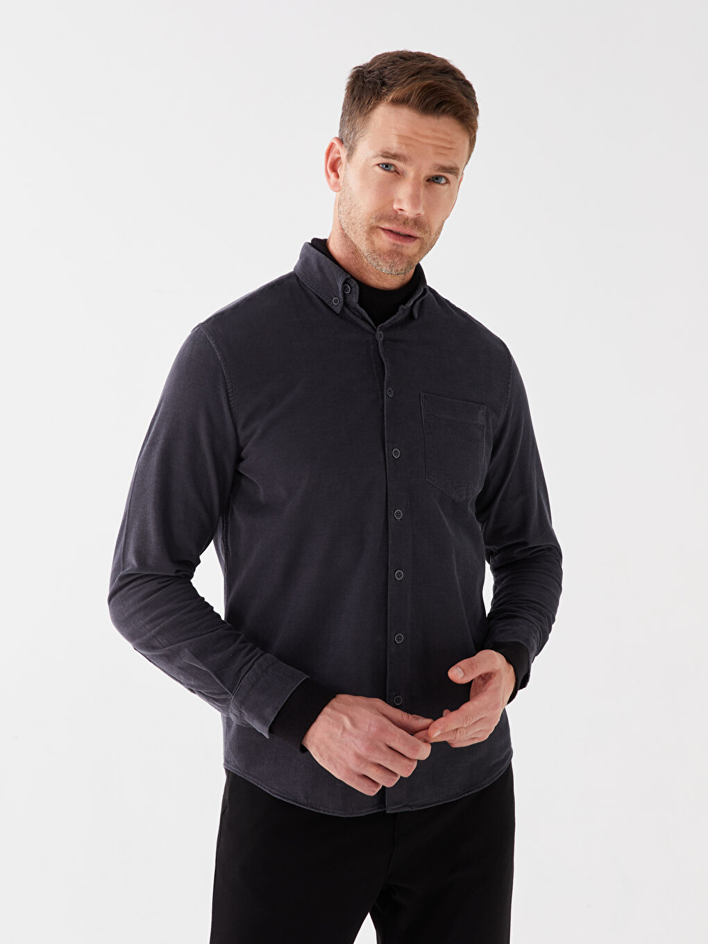 Antrasit Regular Fit Uzun Kollu Kadife Erkek Gömlek-1