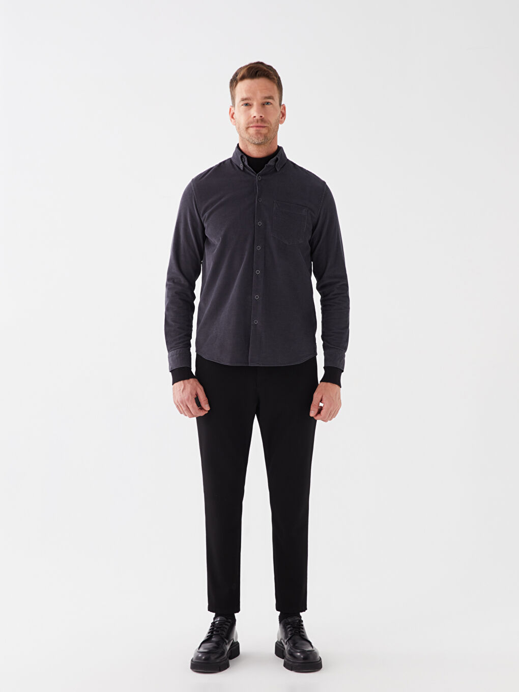Antrasit Regular Fit Uzun Kollu Kadife Erkek Gömlek-2