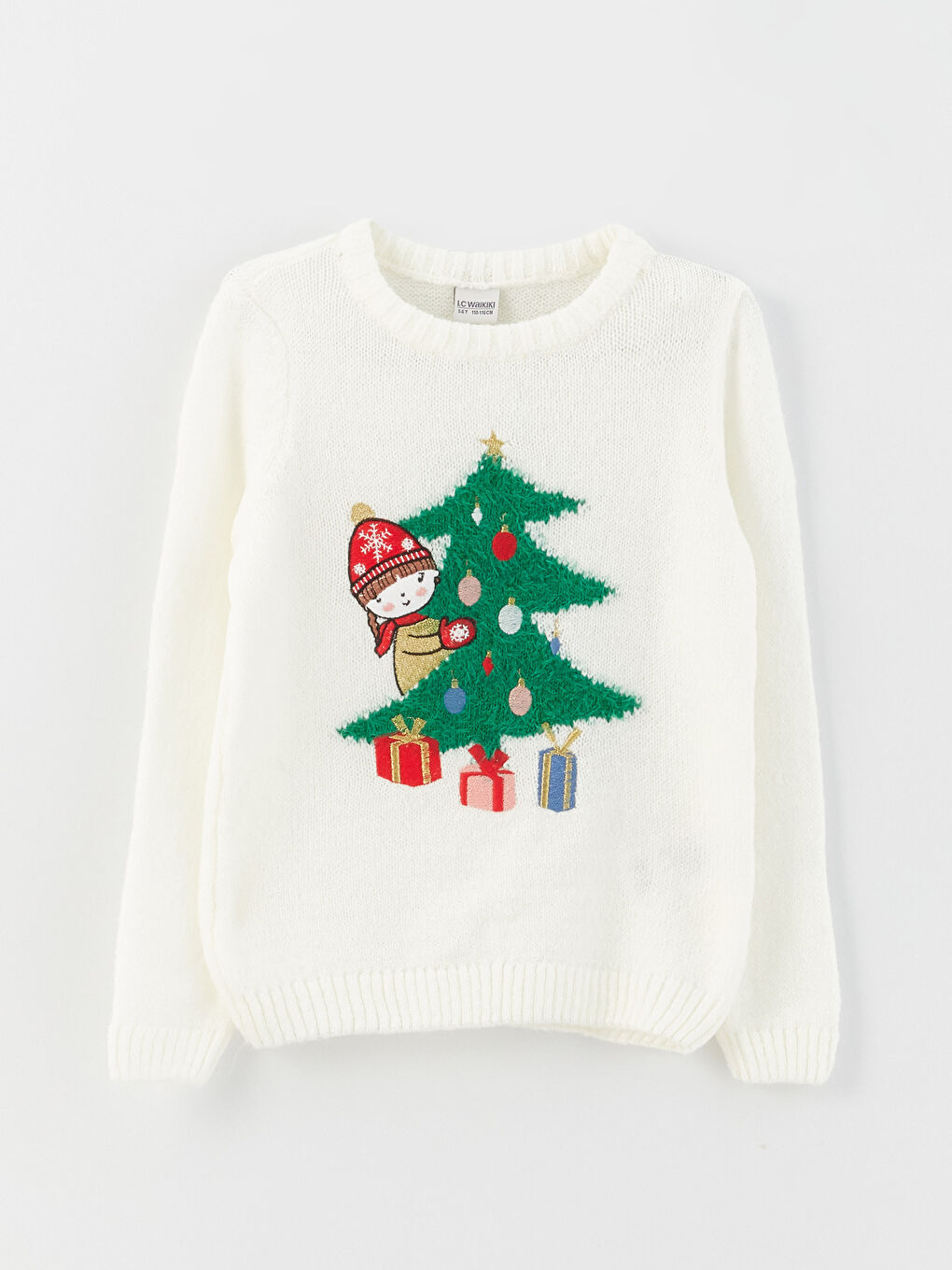Ekru Bisiklet Yaka Yılbaşı Temalı Uzun Kollu Kız Çocuk Triko Kazak