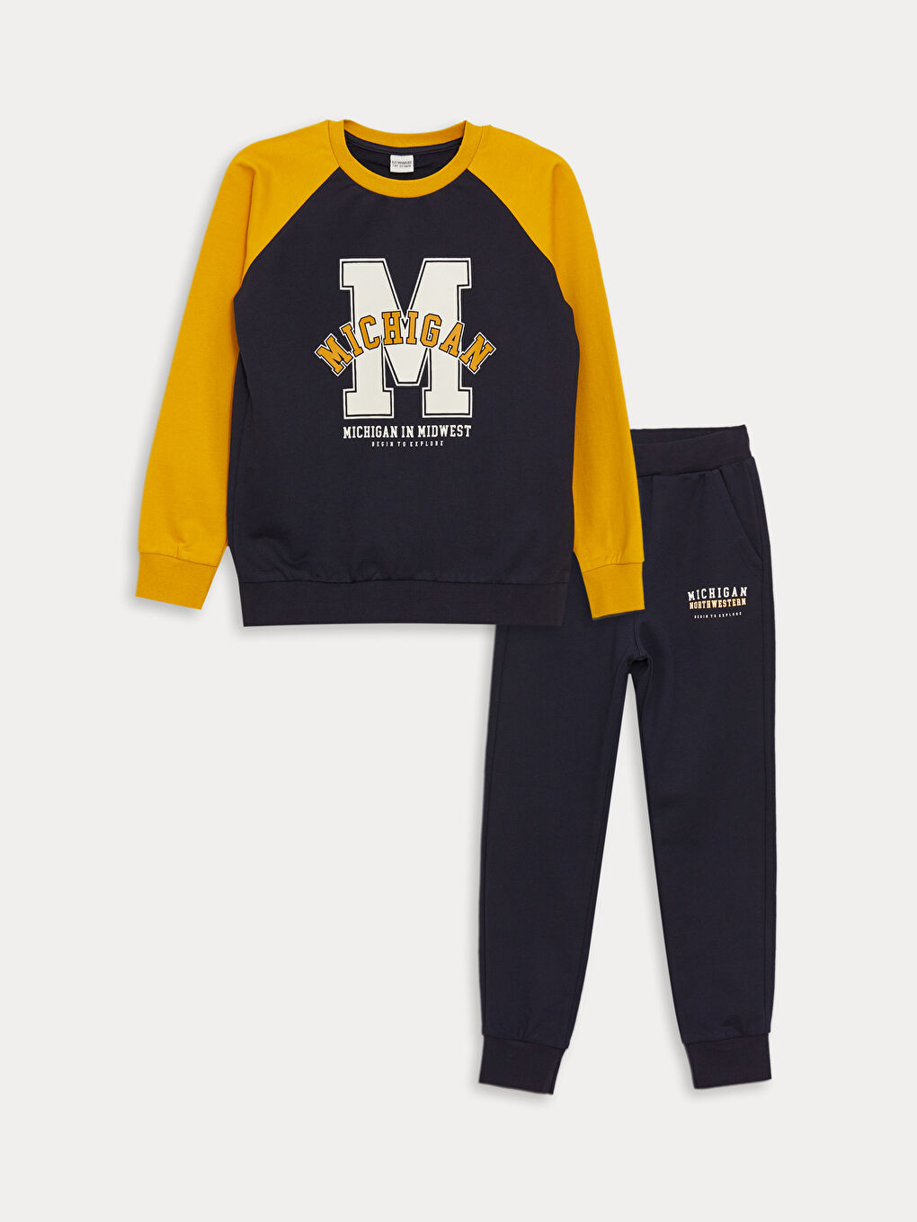 Lacivert Bisiklet Yaka Baskılı Uzun Kollu Erkek Çocuk Sweatshirt ve Eşofman Altı