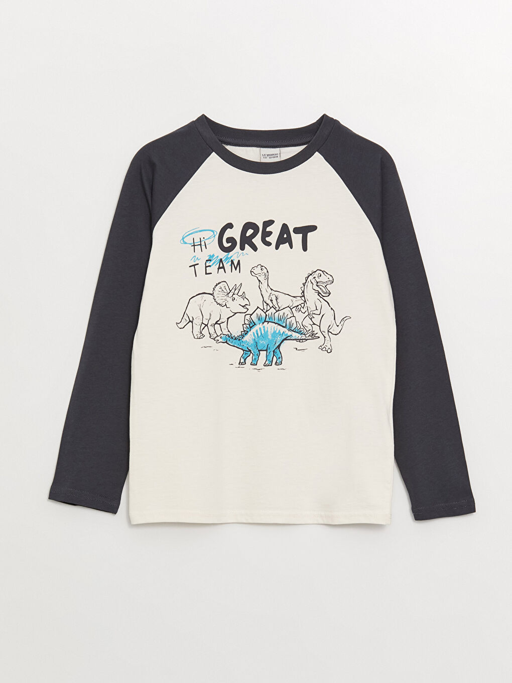 Ekru Bisiklet Yaka Baskılı Uzun Kollu Erkek Çocuk Tişört