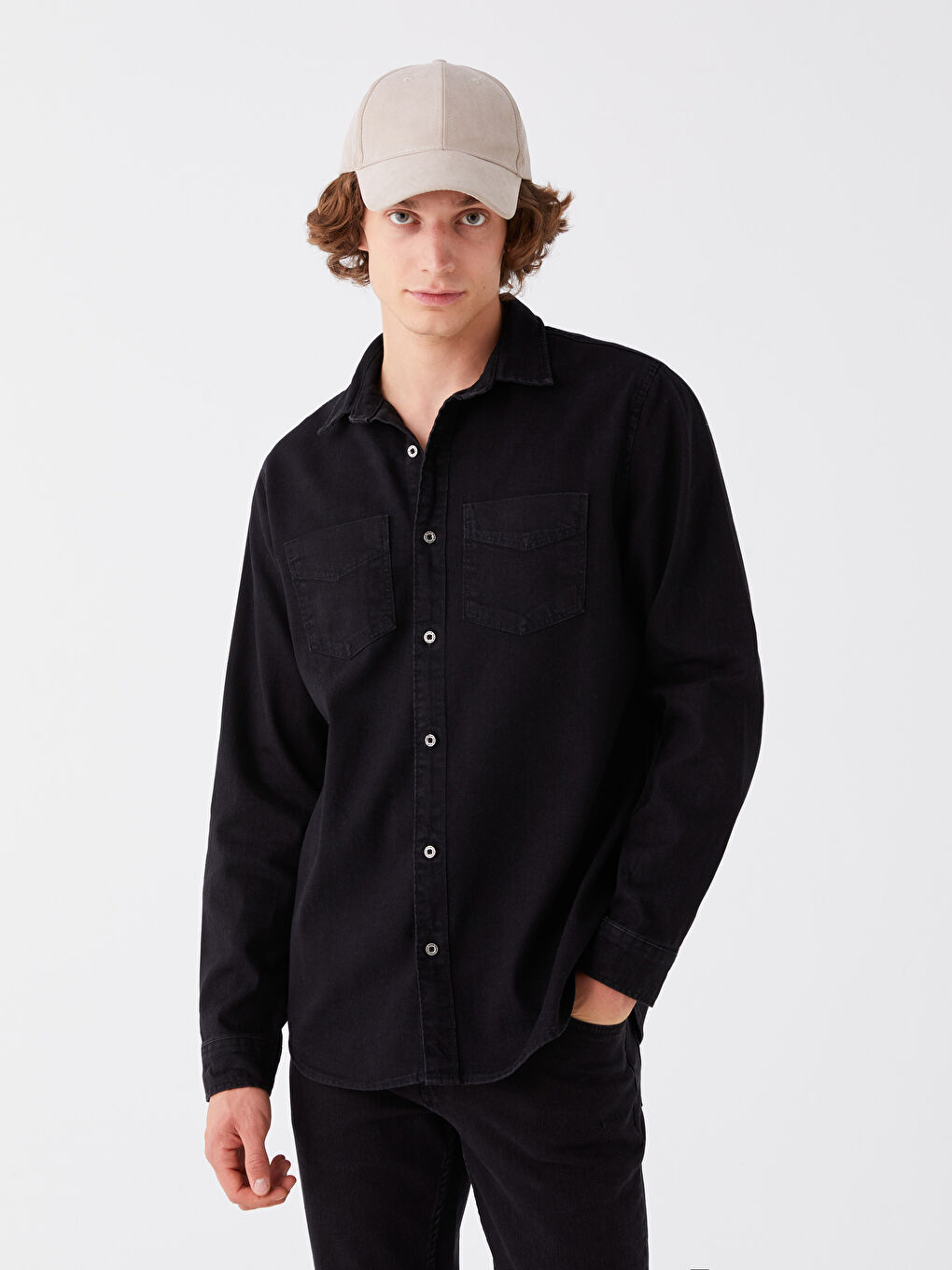 Siyah Slim Fit Uzun Kollu Erkek Jean Gömlek