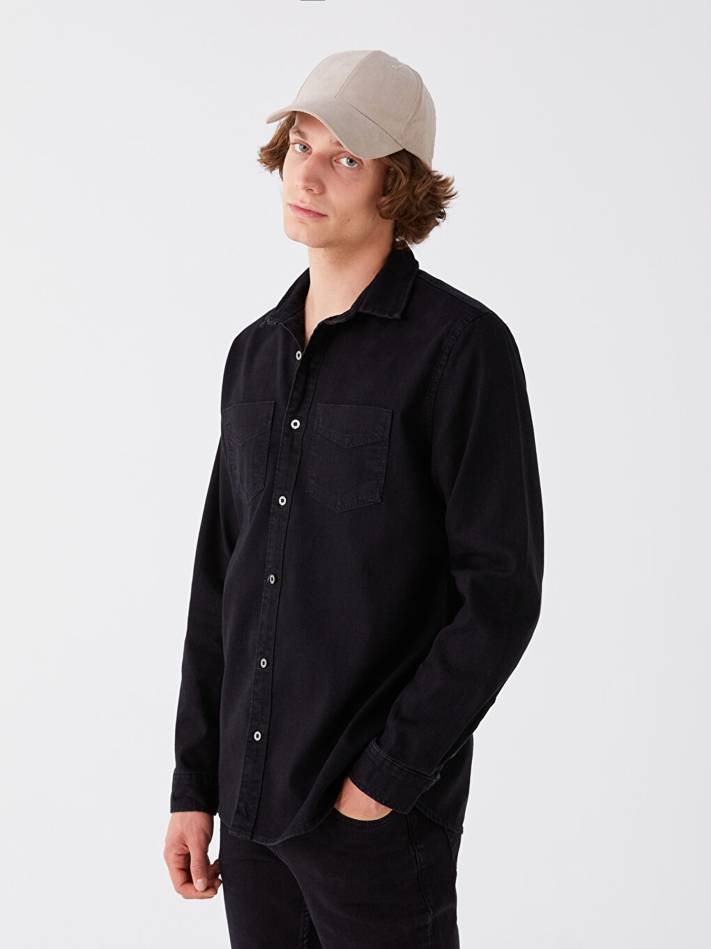 Siyah Slim Fit Uzun Kollu Erkek Jean Gömlek-1