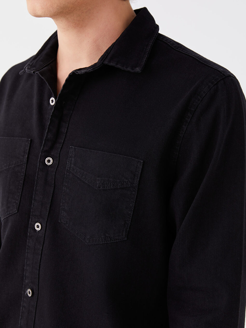 Siyah Slim Fit Uzun Kollu Erkek Jean Gömlek-3