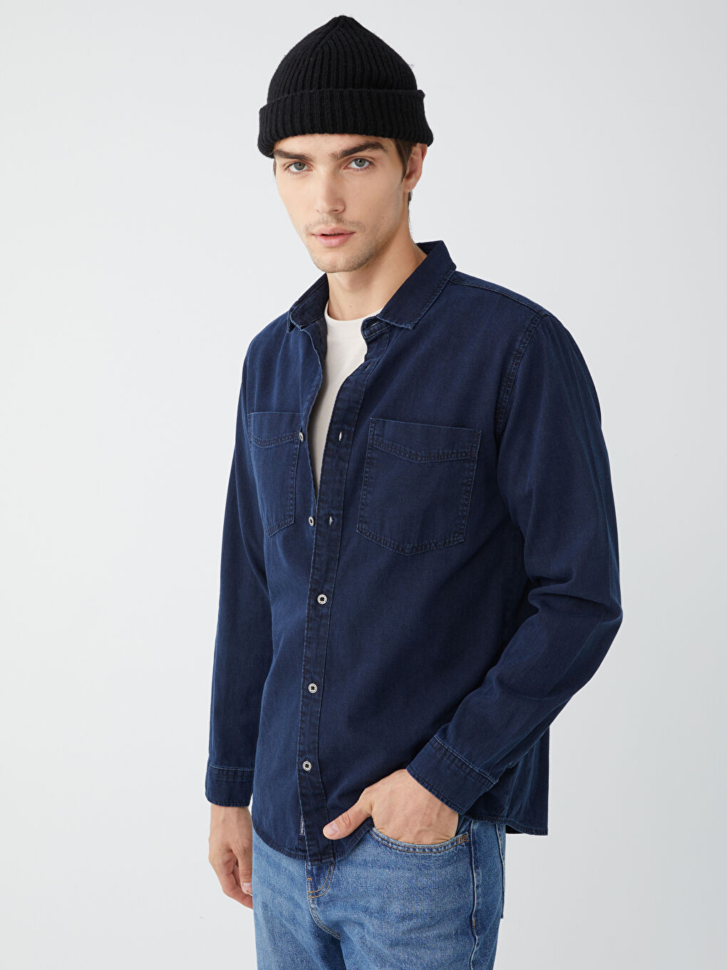 İndigo Slim Fit Uzun Kollu Erkek Jean Gömlek