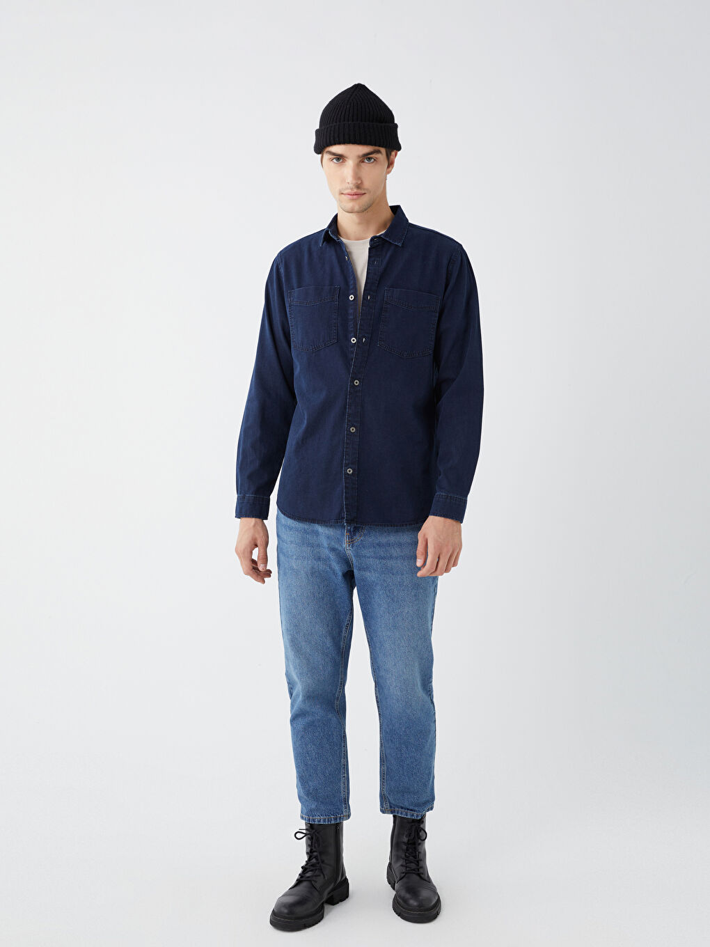 İndigo Slim Fit Uzun Kollu Erkek Jean Gömlek-1