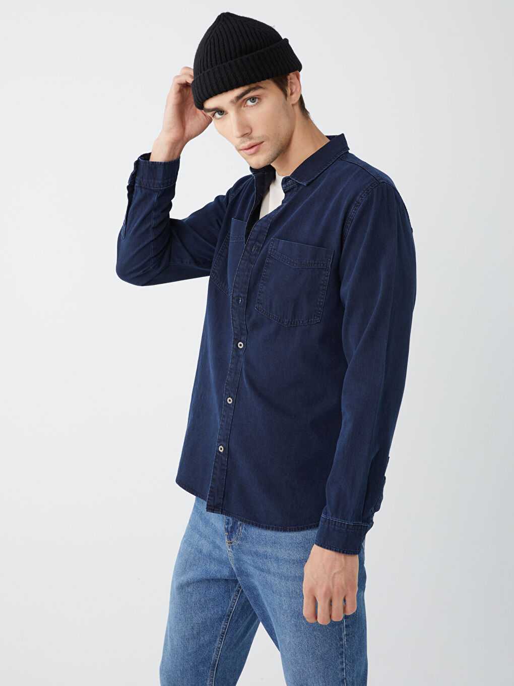 İndigo Slim Fit Uzun Kollu Erkek Jean Gömlek-2